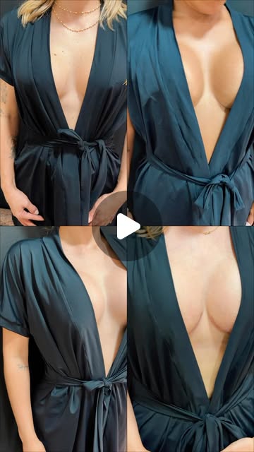 Capa do Reel: resultado de cirurgia das mamas, com a paciente vestindo um robe azul-escuro